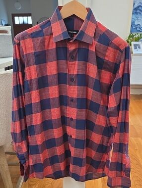 Jared Lang Men's Red and Navy Check Breathable Button-Down Shirt (L)